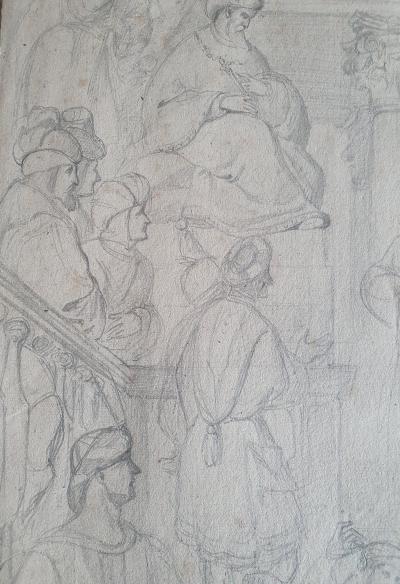 Eugène Devéria  (attribué à) - scène du moyen âge étude  - dessin original 2
