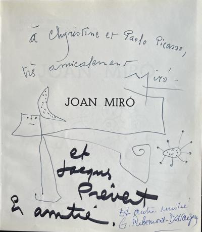 Joan MIRÓ - Dessin original signé dédicaces signées de PREVERT et de  RIBEMONT-DESSAIGNES 2