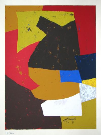 Serge POLIAKOFF - Composition brune, ocre, blanche et rouge, 1953 - Sérigraphie originale signée et datée 2