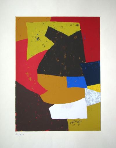 Serge POLIAKOFF - Composition brune, ocre, blanche et rouge, 1953 - Sérigraphie originale signée et datée 2
