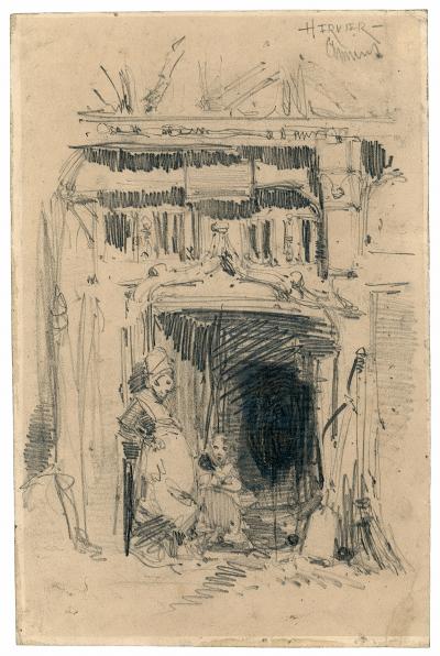 Adolphe Hervier - Sans titre (Personnages devant un porche), c 1848 - dessin signé