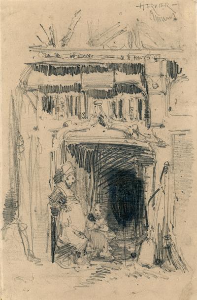 Adolphe Hervier - Sans titre (Personnages devant un porche), c 1848 - dessin signé 2
