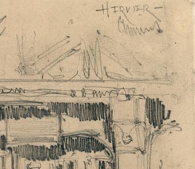 Adolphe Hervier - Sans titre (Personnages devant un porche), c 1848 - dessin signé 2