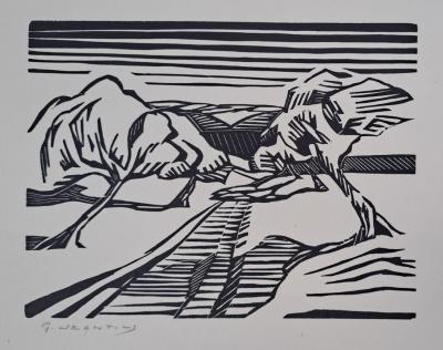 Georges Jeantils - Le chemin bordé de pommiers, 1951 - Bois gravé - signé au crayon 2