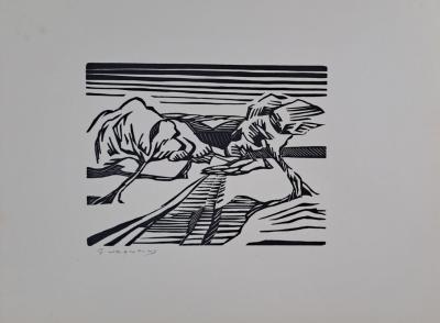 Georges Jeantils - Le chemin bordé de pommiers, 1951 - Bois gravé - signé au crayon 2
