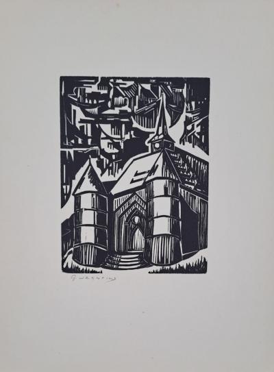 Georges Jeantils - L’église de Wimy, 1951 - Bois gravé 2