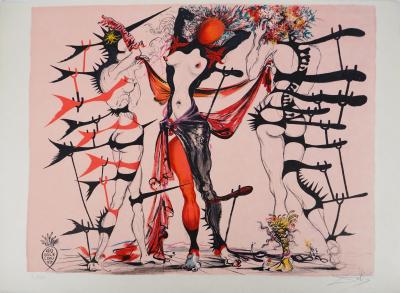 Salvador DALI: Kostüme für Tristan Fou, Blumenfrauen, Original signierte Lithographie