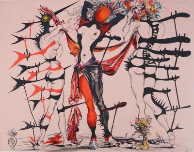 Salvador DALI : Costumes pour Tristan Fou, Femmes fleurs, Lithographie originale signée 2