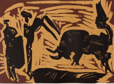 Pablo PICASSO : Corrida, la charge du Taureau - Linogravure (1962) 2
