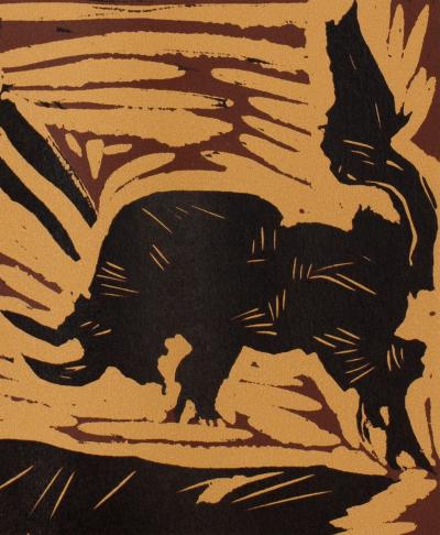 Pablo PICASSO : Corrida, la charge du Taureau - Linogravure (1962) 2