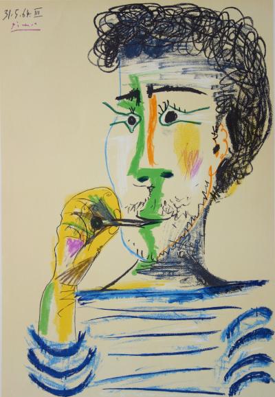 Pablo PICASSO : Homme à la marinière et à la cigarette - Lithographie signée (1966) 2