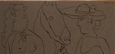 Pablo PICASSO : Couple amoureux et cheval - Linogravure (1962) 2