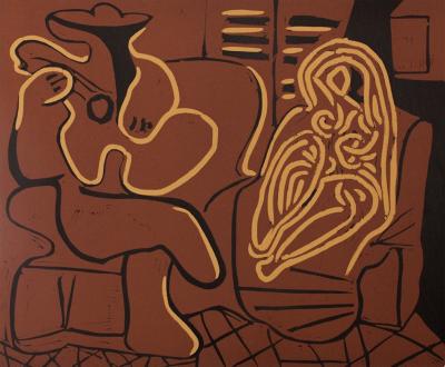 Pablo PICASSO : Femme assise et le guitariste - Linogravure (1962) 2