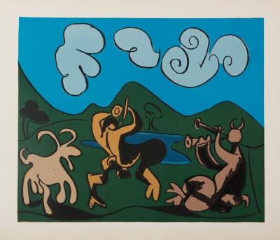 Pablo PICASSO : Faunes et chèvre - Linogravure (1962) 2