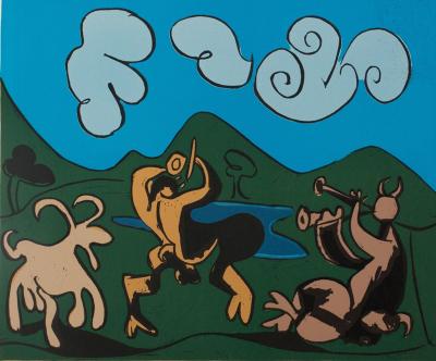 Pablo PICASSO : Faunes et chèvre - Linogravure (1962) 2