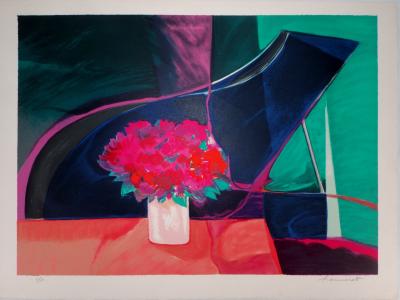 Claude HEMERET : Bouquet rose et piano - Lithographie Originale Signée 2