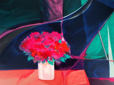 Claude HEMERET : Bouquet rose et piano - Lithographie Originale Signée 2