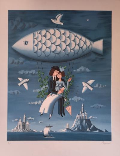 Raymond Peynet - Les amoureux en ballon poisson - Lithographie originale signée 2