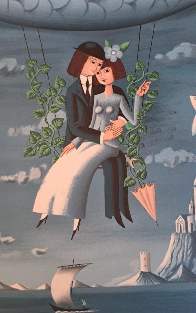 Raymond Peynet - Les amoureux en ballon poisson - Lithographie originale signée 2