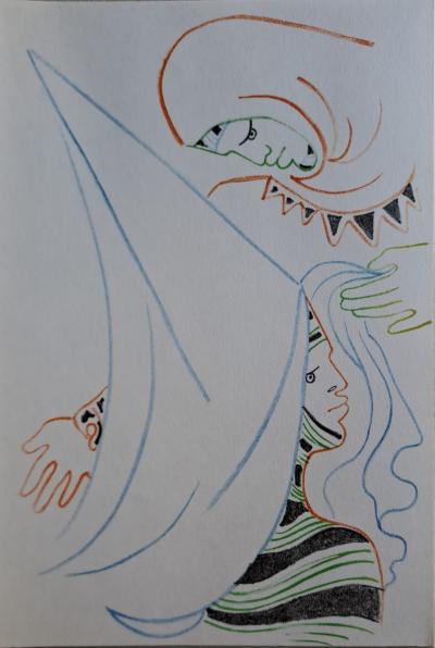 Jean Cocteau - Couple de Seigneurs - Lithographie originale en couleur