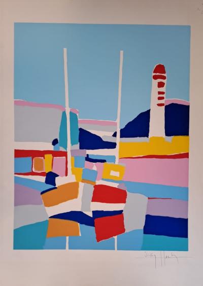 Victor Hasch - Bateaux au port - Lithographie originale en couleur, signée