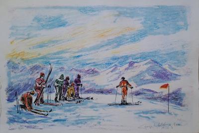 Georges Yoldjoglou - Départ de ski - Lithographie originale en couleur, signée et numérotée 2