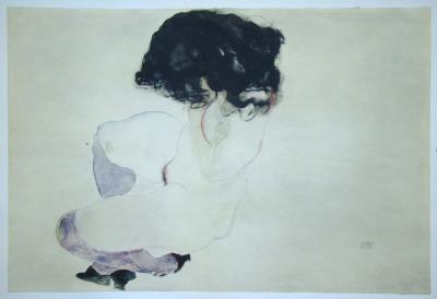Egon SCHIELE (d'après), Weiblicher Akt mit violetten Strümpfen, 1968 - Collotypie signée et datée 2