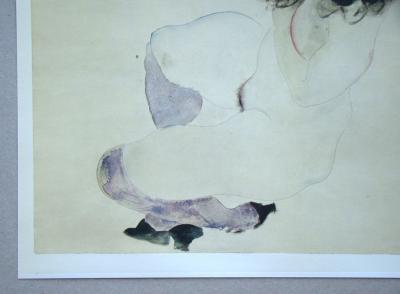 Egon SCHIELE (d'après), Weiblicher Akt mit violetten Strümpfen, 1968 - Collotypie signée et datée 2