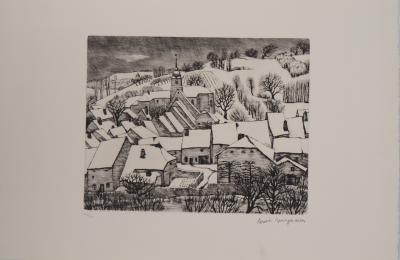 André JACQUEMIN : Village Suisse sous la neige d’hiver, Gravure originale signée 2