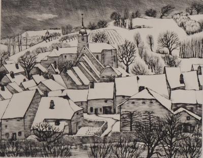 André JACQUEMIN : Village Suisse sous la neige d’hiver, Gravure originale signée 2