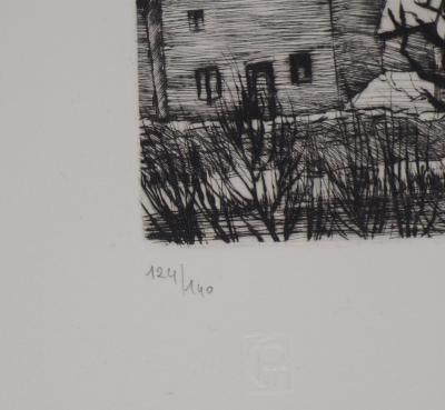 André JACQUEMIN : Village Suisse sous la neige d’hiver, Gravure originale signée 2