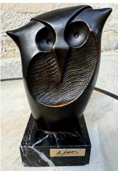 Cristina Puell - Sculpture chouette bronze signé, socle marbre