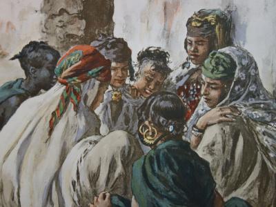Etienne DINET : Algérie, Jeunes filles jouant à Laghouat, Lithographie originale signée 2
