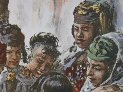 Etienne DINET : Algérie, Jeunes filles jouant à Laghouat, Lithographie originale signée 2
