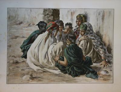 Etienne DINET : Algérie, Jeunes filles jouant à Laghouat, Lithographie originale signée 2