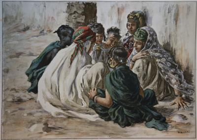 Etienne DINET : Algérie, Jeunes filles jouant à Laghouat, Lithographie originale signée 2