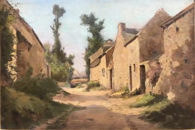 Jules MANIGANT  - Les étables à Ville Roussel ,Île de Guernesey ,1904 - Huile sur panneau signé 2