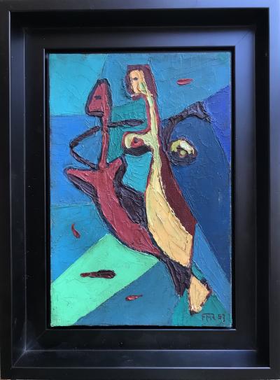 René MARIE - Hippocampes ,1957 - Huile sur toile cartonnée signée. 2