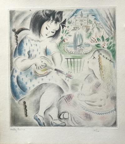 Mily POSSOZ - Jeune fille à la mandoline - Pointe sèche signée à la main. 2