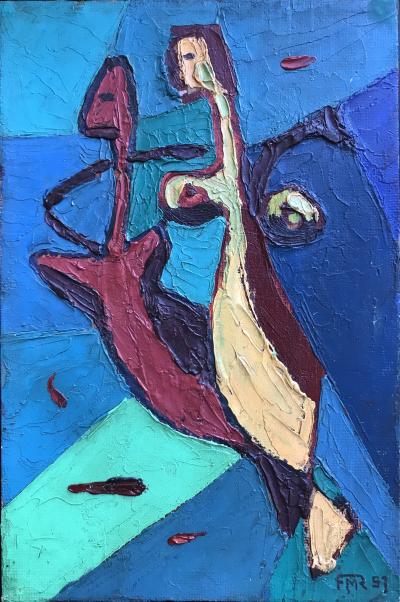 René MARIE - Hippocampes ,1957 - Huile sur toile cartonnée signée. 2
