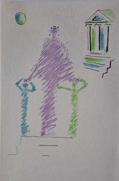 Jean Cocteau - L’homme et ses deux fils - Lithographie originale en couleur 2
