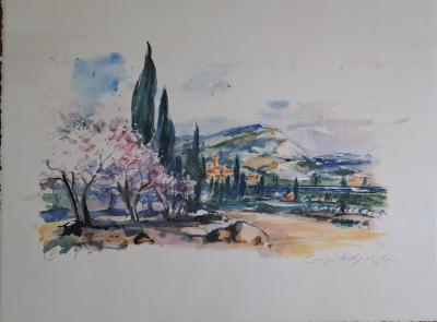 Georges Yoldjoglou - Un train traversant la vallée du Rhône - Lithographie originale, signée et numérotée EA 2