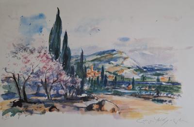 Georges Yoldjoglou - Un train traversant la vallée du Rhône - Lithographie originale, signée et numérotée EA 2