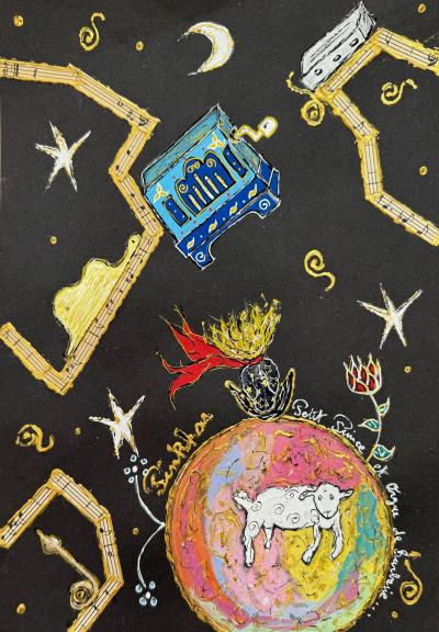 PINKHAS - Petit Prince et orgue de Barbarie, 2025 - Technique mixte sur papier signée 2