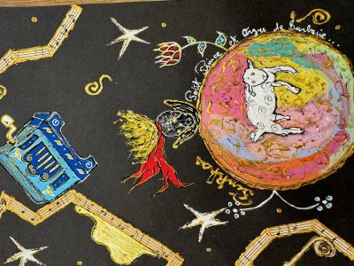 PINKHAS - Petit Prince et orgue de Barbarie, 2025 - Technique mixte sur papier signée 2