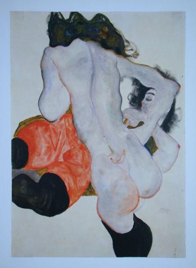 Egon SCHIELE (d'après), Weibliches Liebespaar, 1973 - Lithographie offset signée et datée 2