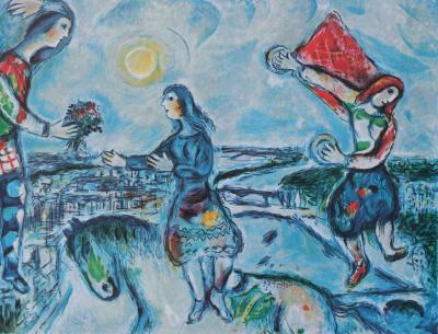 Marc CHAGALL (d’après) : Couple d’amoureux sur les toits de Paris - Lithographie numérotée et signée, édition limitée 2