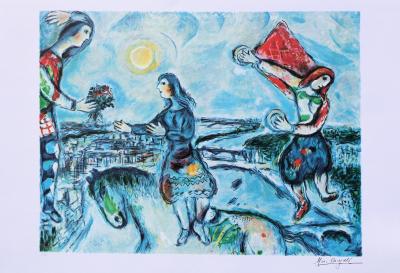 Marc CHAGALL (d’après) : Couple d’amoureux sur les toits de Paris - Lithographie numérotée et signée, édition limitée