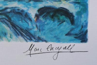 Marc CHAGALL (d’après) : Couple d’amoureux sur les toits de Paris - Lithographie numérotée et signée, édition limitée 2