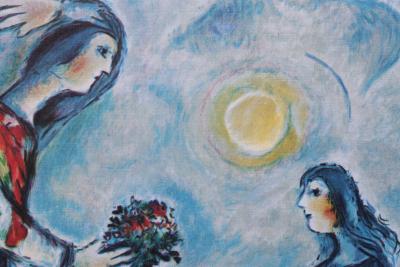 Marc CHAGALL (d’après) : Couple d’amoureux sur les toits de Paris - Lithographie numérotée et signée, édition limitée 2